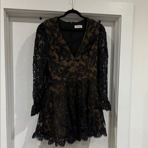 Elegant Black and Brown Lace Mini Dress